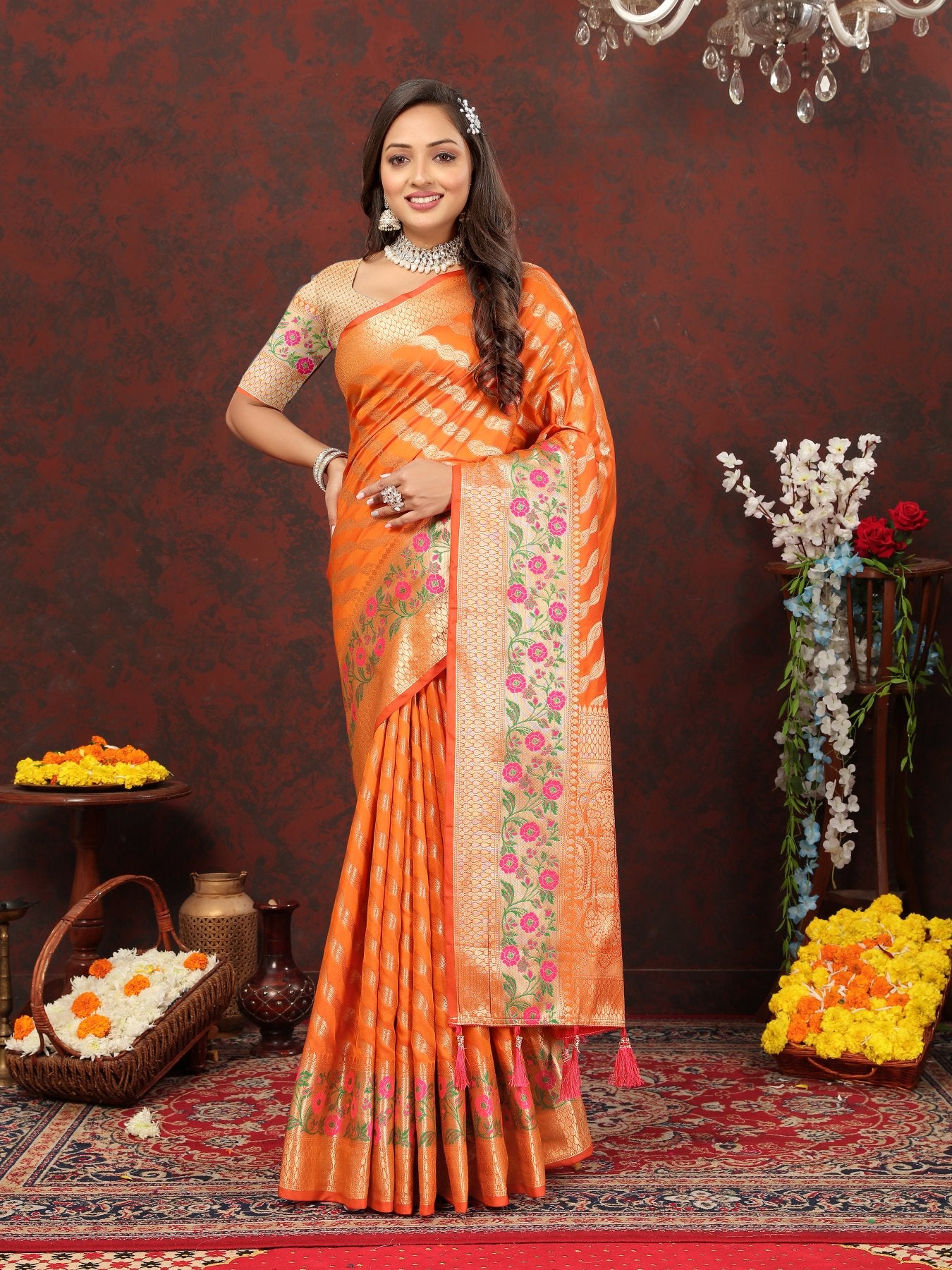 Snazzy Orange Soft Banarasi Silk Saree With Exuberant Blouse Piece