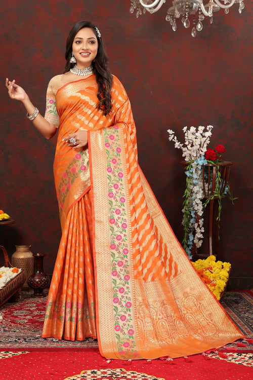 Load image into Gallery viewer, Snazzy Orange Soft Banarasi Silk Saree With Exuberant Blouse Piece
