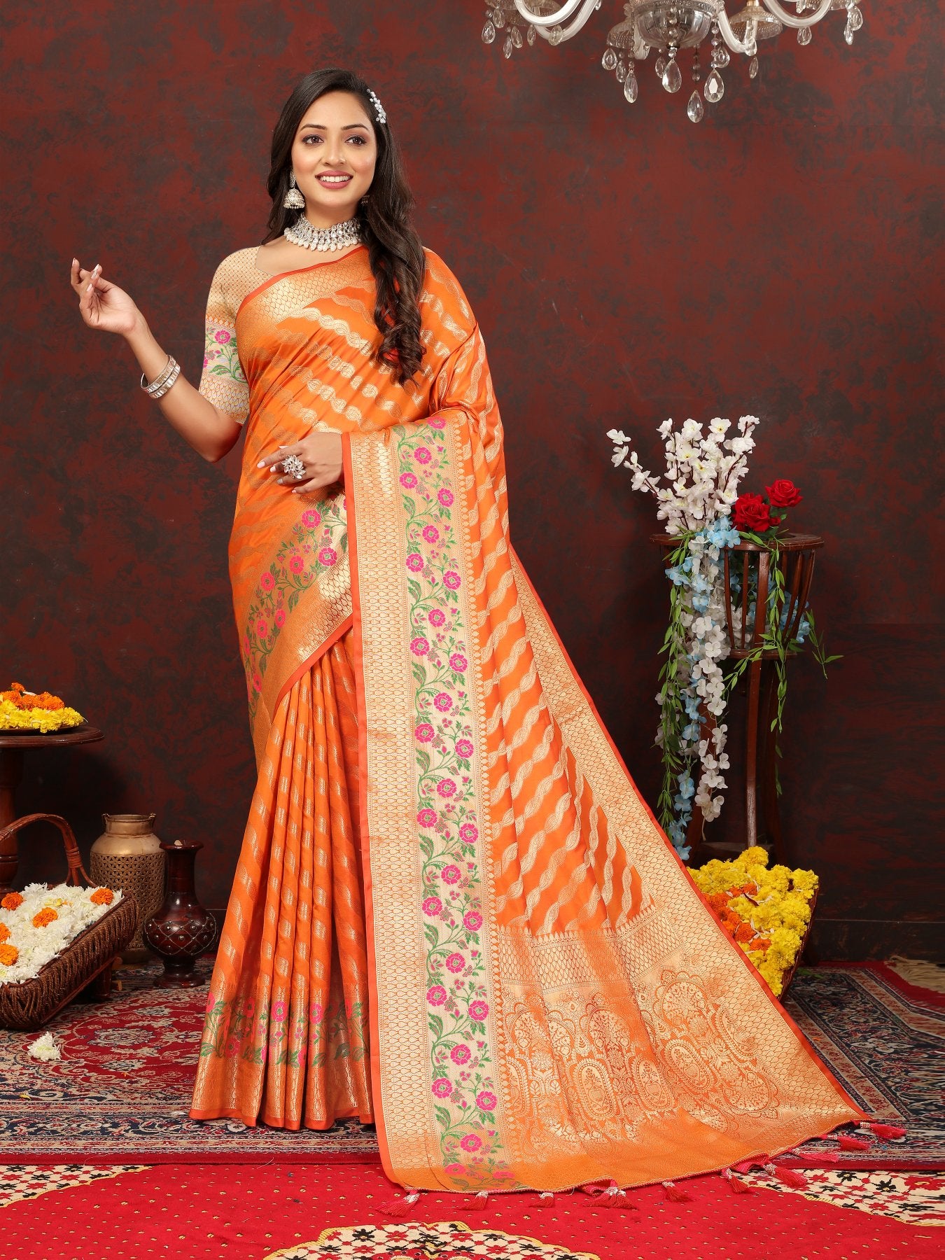 Snazzy Orange Soft Banarasi Silk Saree With Exuberant Blouse Piece