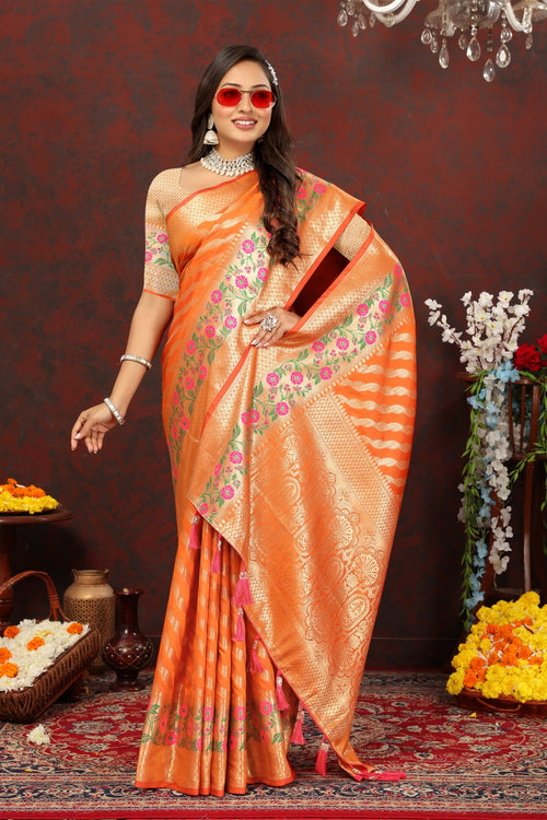 Load image into Gallery viewer, Snazzy Orange Soft Banarasi Silk Saree With Exuberant Blouse Piece
