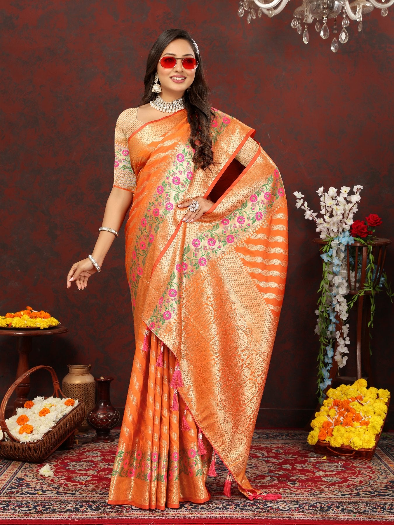 Snazzy Orange Soft Banarasi Silk Saree With Exuberant Blouse Piece