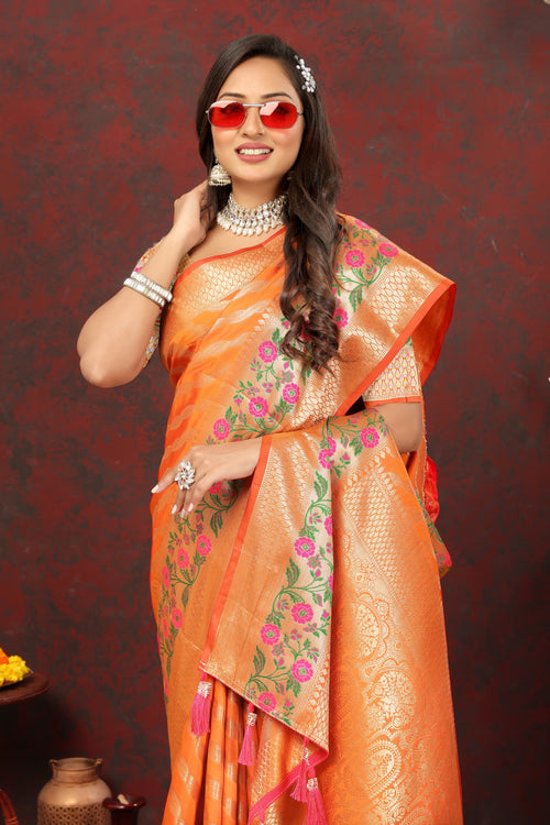 Load image into Gallery viewer, Snazzy Orange Soft Banarasi Silk Saree With Exuberant Blouse Piece
