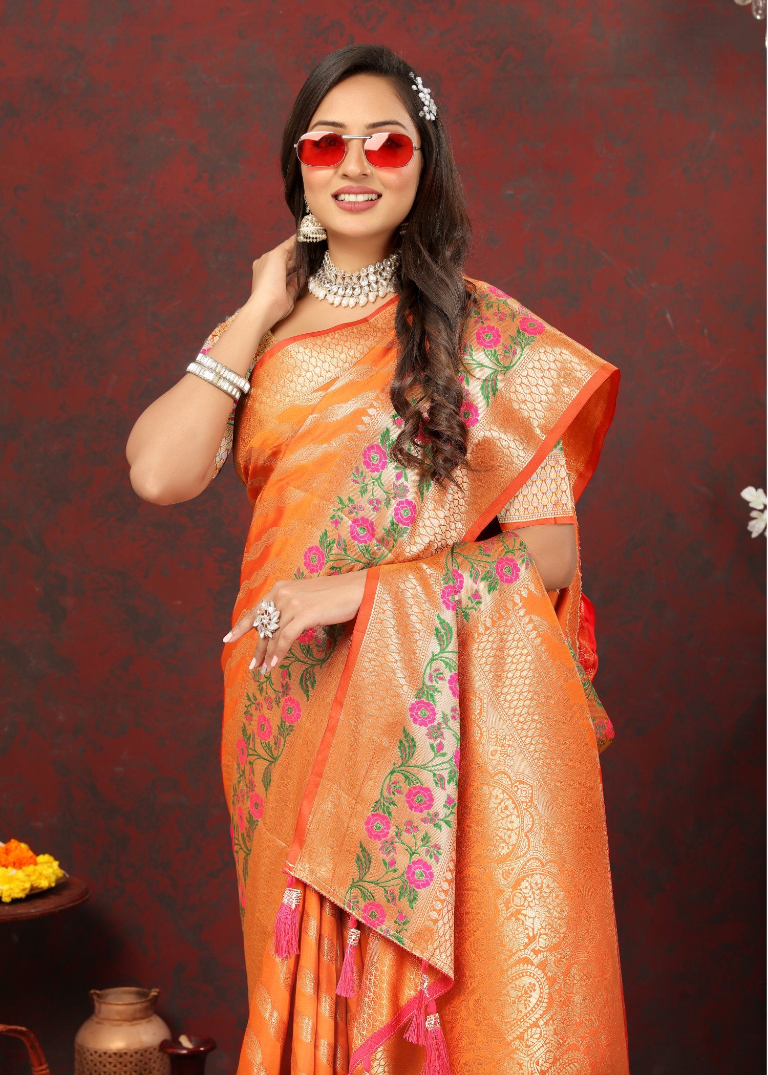 Snazzy Orange Soft Banarasi Silk Saree With Exuberant Blouse Piece