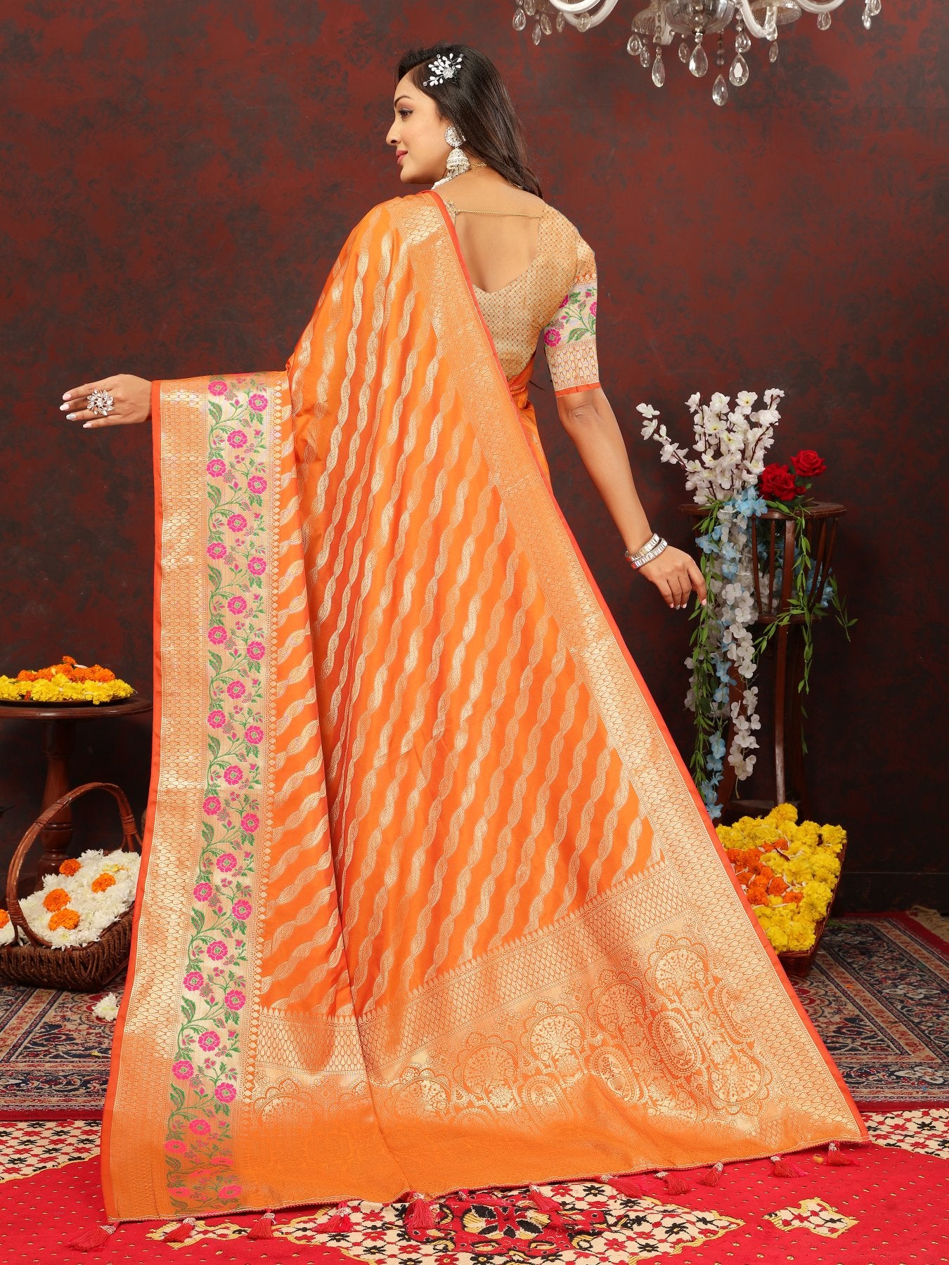 Snazzy Orange Soft Banarasi Silk Saree With Exuberant Blouse Piece