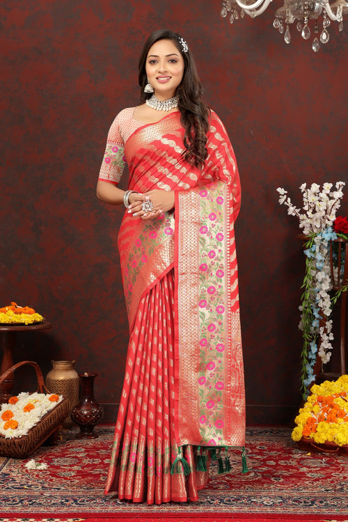 Load image into Gallery viewer, Sempiternal Red Soft Banarasi Silk Saree With Lassitude Blouse Piece
