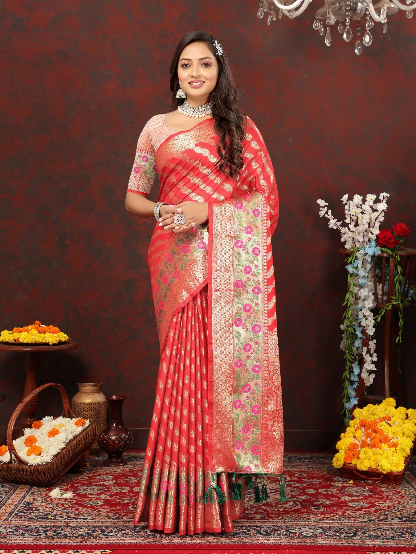 Sempiternal Red Soft Banarasi Silk Saree With Lassitude Blouse Piece