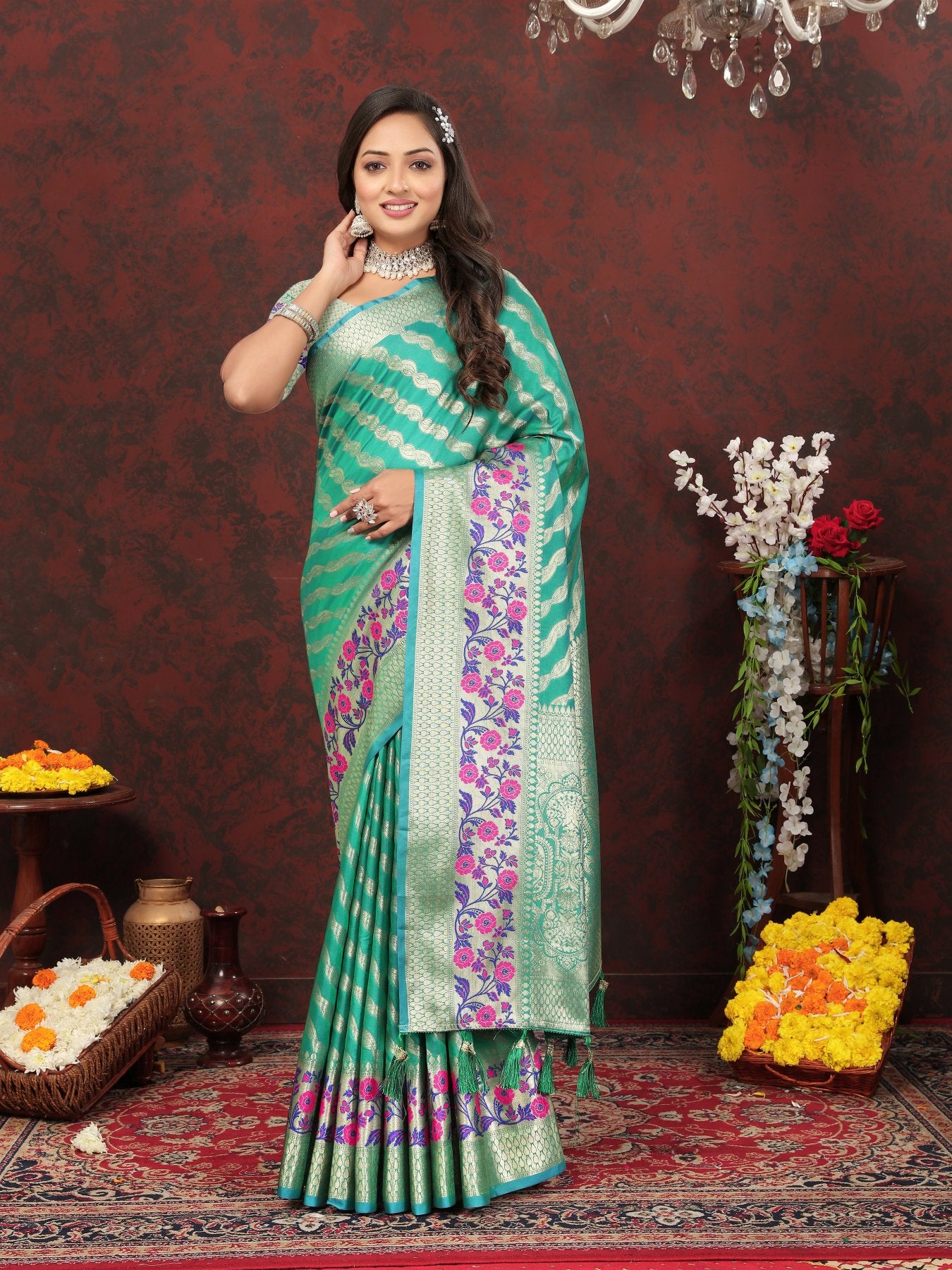 Entrancing Sea Green Soft Banarasi Silk Saree With Entrancing Blouse Piece