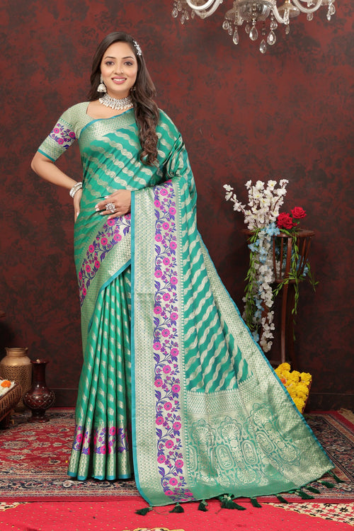 Load image into Gallery viewer, Entrancing Sea Green Soft Banarasi Silk Saree With Entrancing Blouse Piece
