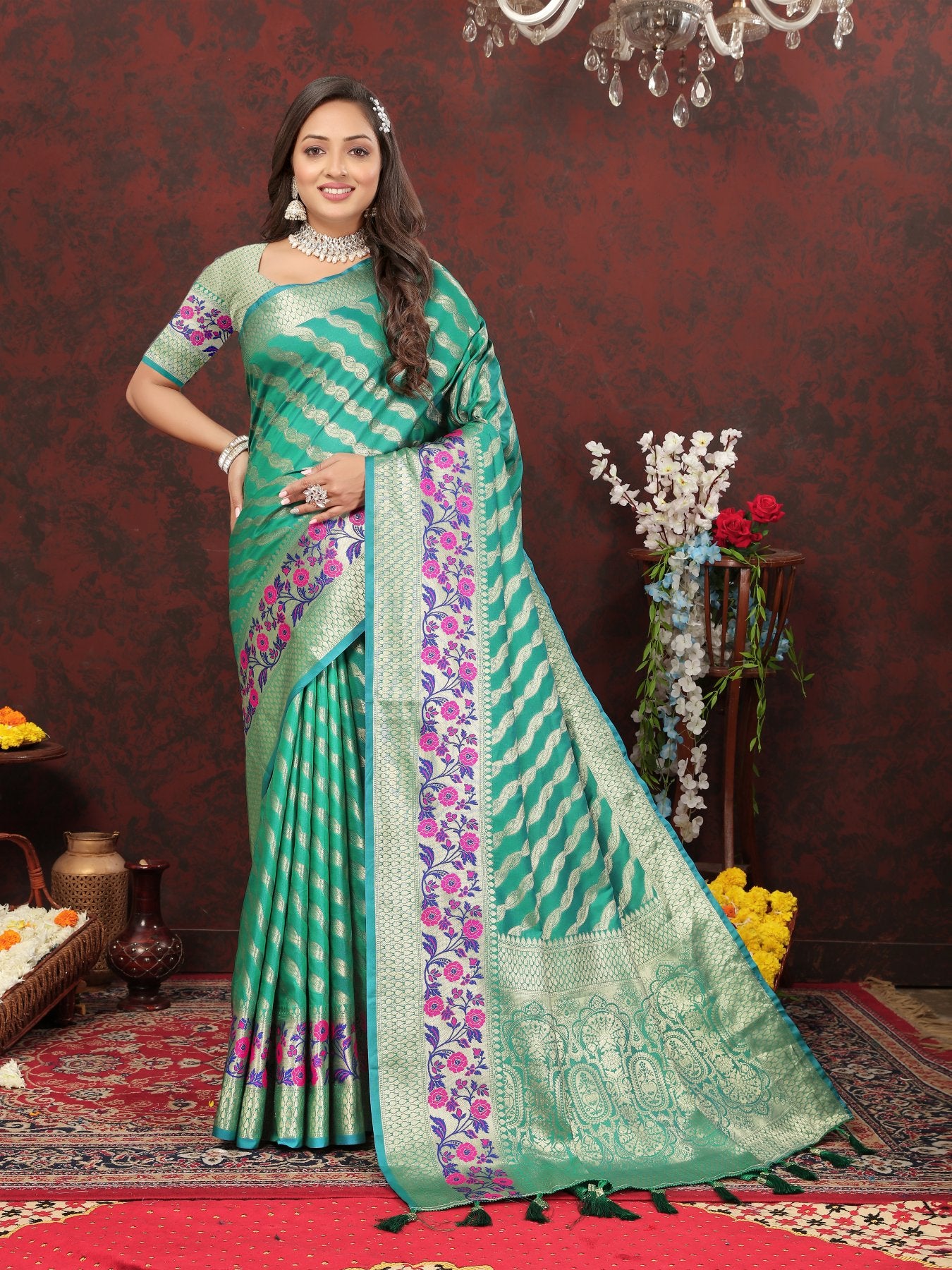 Entrancing Sea Green Soft Banarasi Silk Saree With Entrancing Blouse Piece