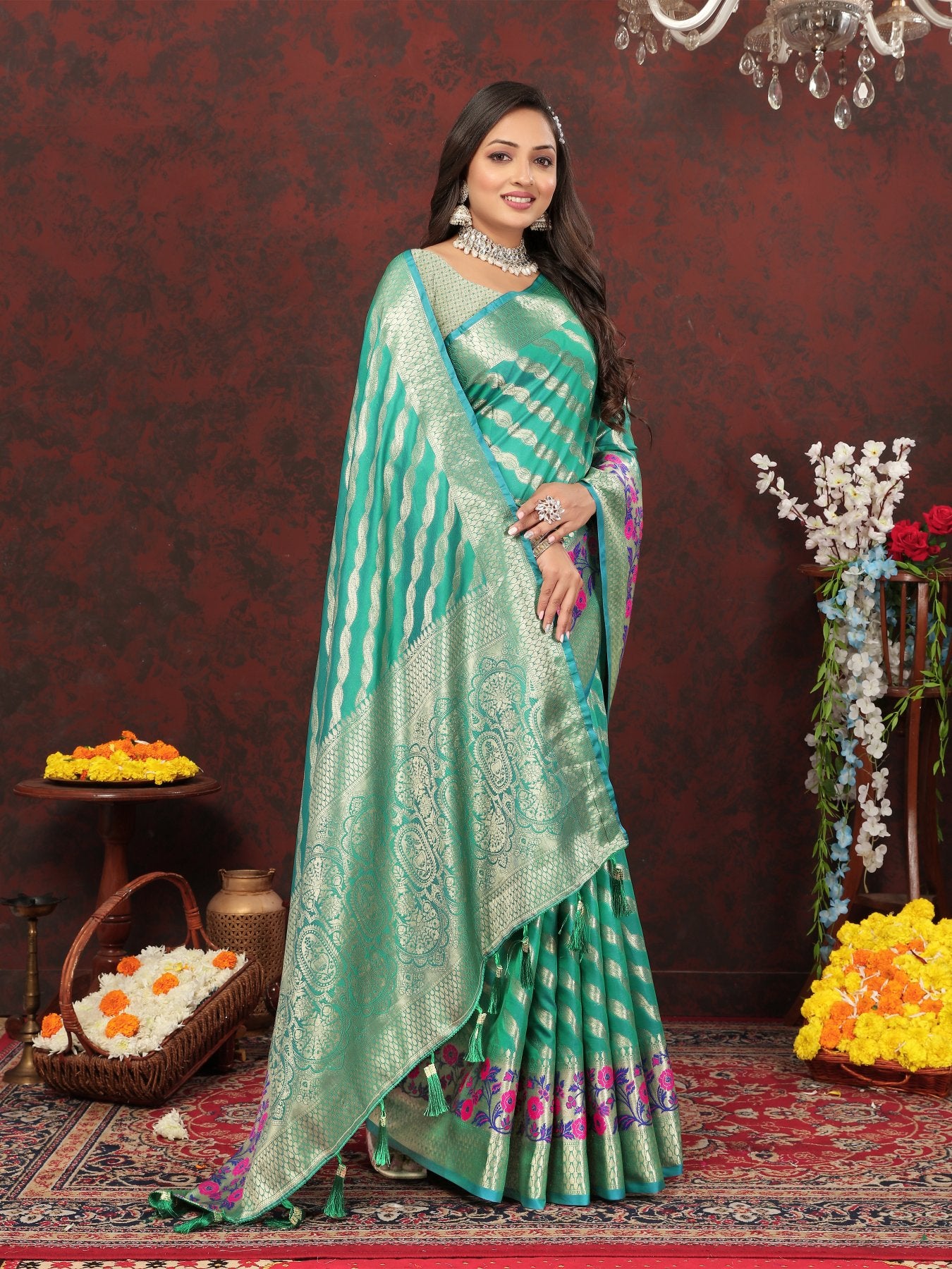 Entrancing Sea Green Soft Banarasi Silk Saree With Entrancing Blouse Piece