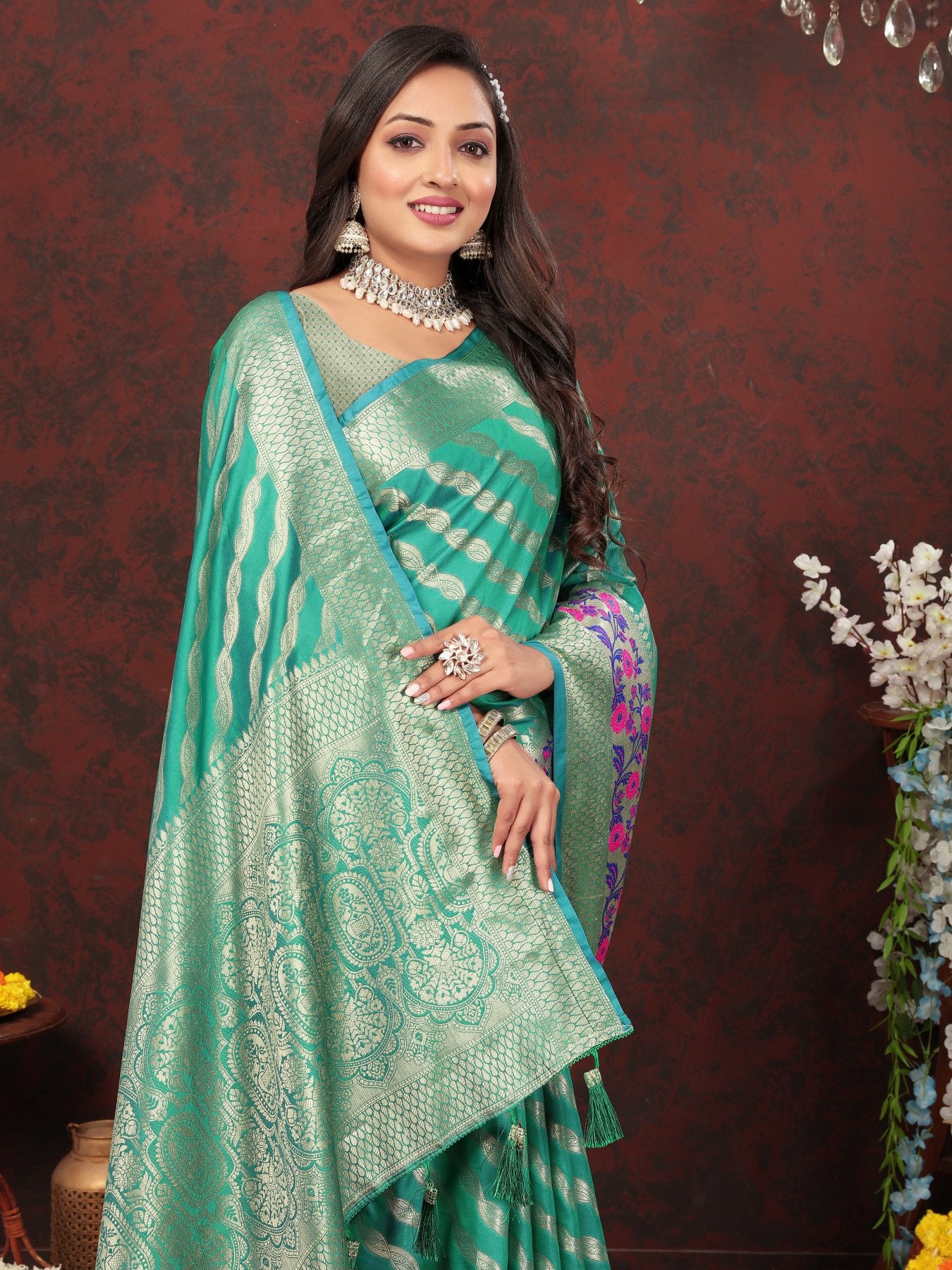 Entrancing Sea Green Soft Banarasi Silk Saree With Entrancing Blouse Piece