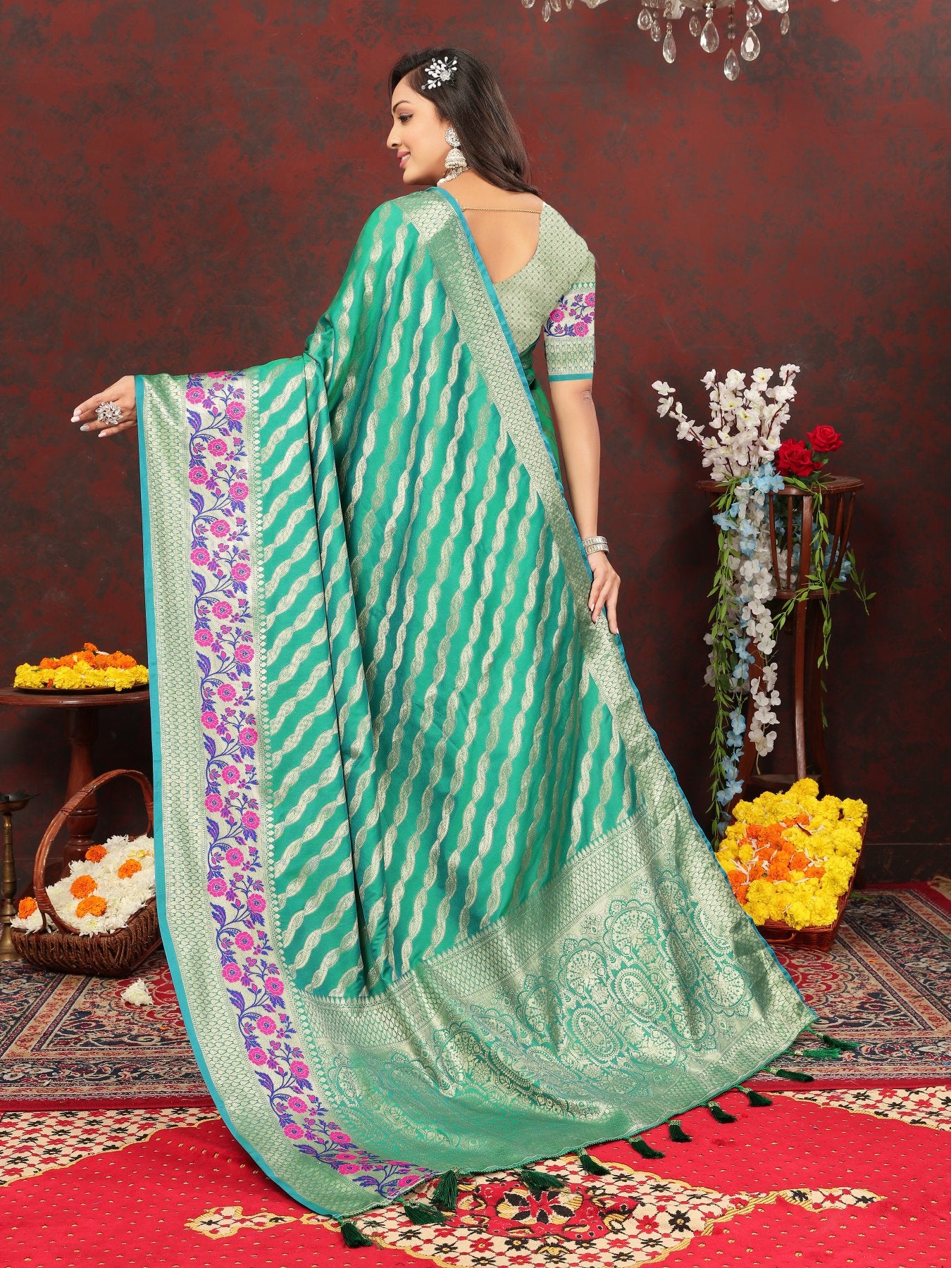 Entrancing Sea Green Soft Banarasi Silk Saree With Entrancing Blouse Piece