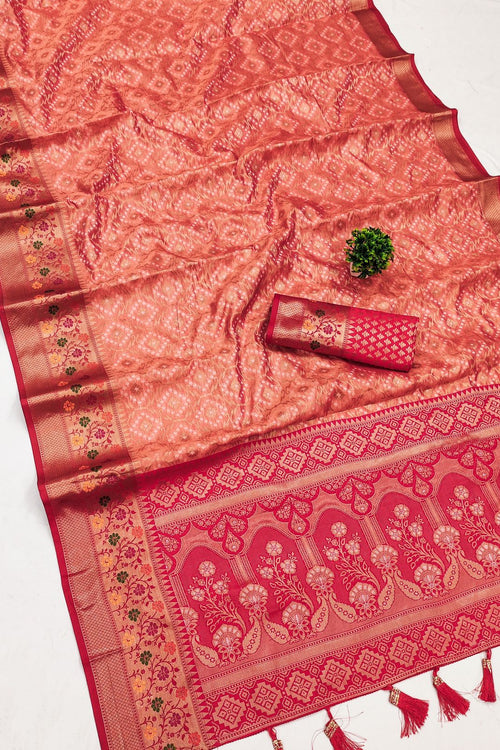 Load image into Gallery viewer, Beautiful Peach Soft Banarasi Silk Saree With Flameboyant Blouse Piece
