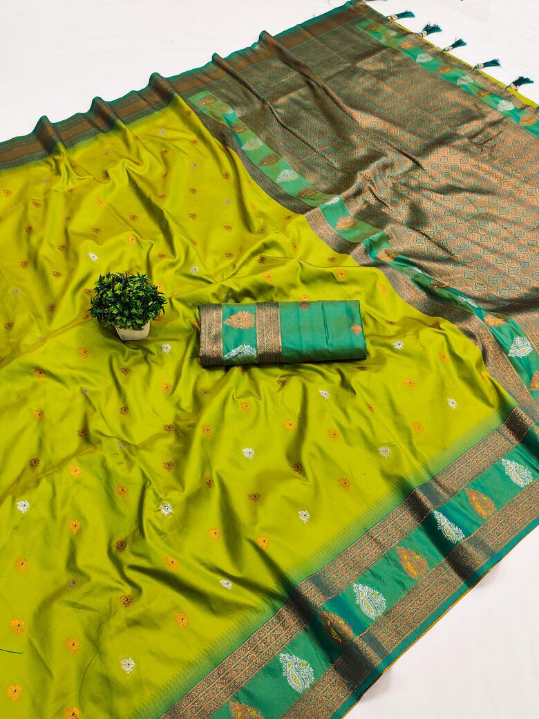 Opulent Parrot Soft Banarasi Silk Saree With Glorious Blouse Piece