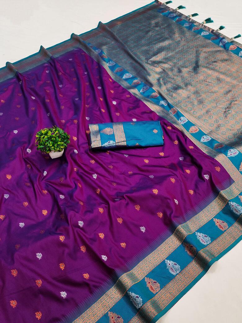 Classic Purple Soft Banarasi Silk Saree With Ailurophile Blouse Piece