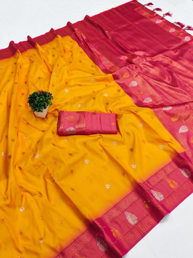 Murmurous Yellow Soft Banarasi Silk Saree With Seraglio Blouse Piece