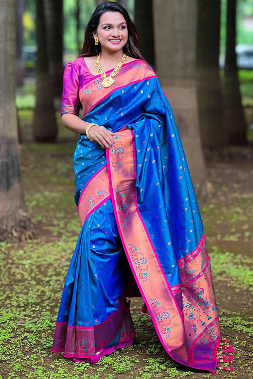 Load image into Gallery viewer, Marvellous Blue Paithani Silk Saree With Extraordinary Blouse Piece
