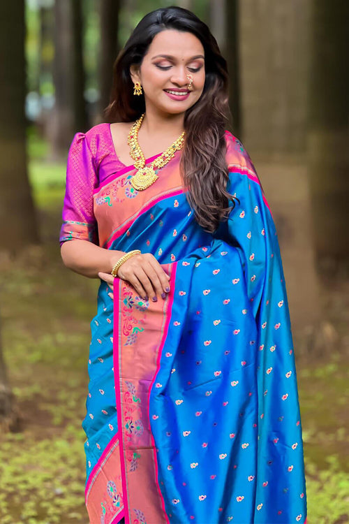 Load image into Gallery viewer, Marvellous Blue Paithani Silk Saree With Extraordinary Blouse Piece
