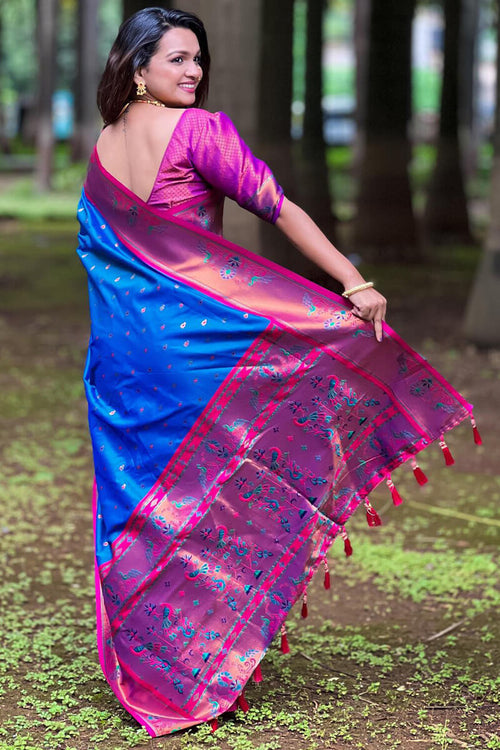 Load image into Gallery viewer, Marvellous Blue Paithani Silk Saree With Extraordinary Blouse Piece
