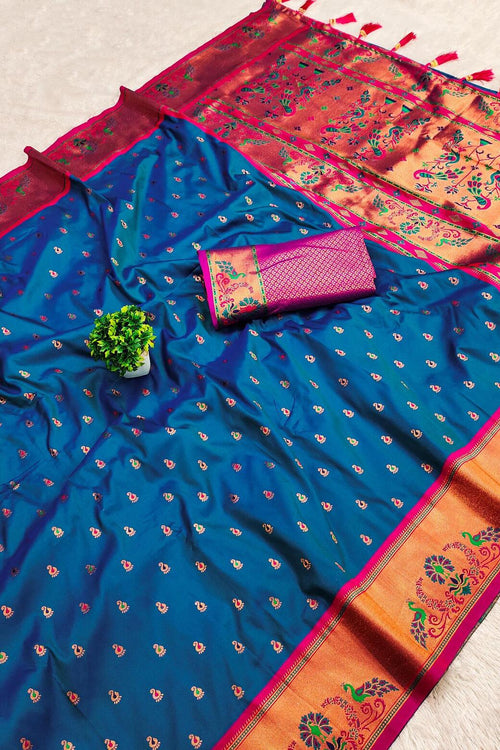 Load image into Gallery viewer, Marvellous Blue Paithani Silk Saree With Extraordinary Blouse Piece
