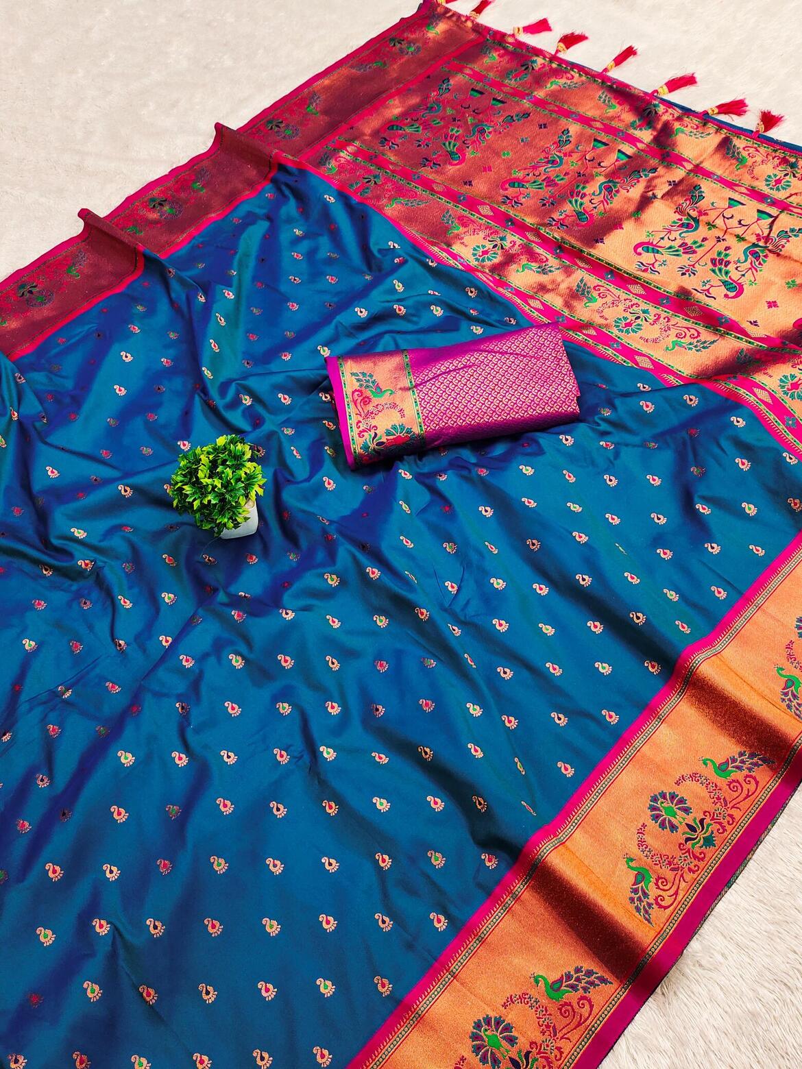 Marvellous Blue Paithani Silk Saree With Extraordinary Blouse Piece