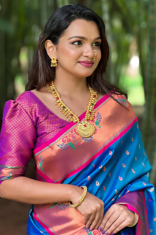 Load image into Gallery viewer, Marvellous Blue Paithani Silk Saree With Extraordinary Blouse Piece
