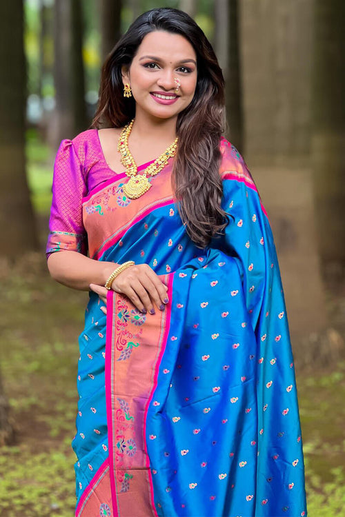 Load image into Gallery viewer, Marvellous Blue Paithani Silk Saree With Extraordinary Blouse Piece
