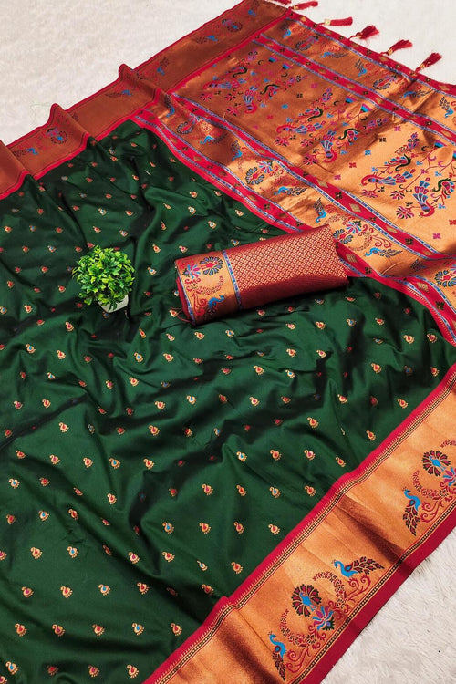 Load image into Gallery viewer, Gleaming Dark Green Paithani Silk Saree With Refreshing Blouse Piece
