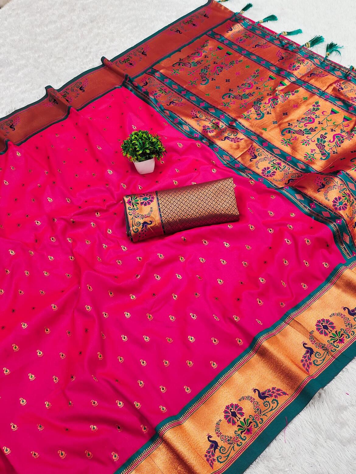 Sensational Dark Pink Paithani Silk Saree With Wonderful Blouse Piece