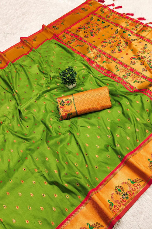 Load image into Gallery viewer, Demanding Mehndi Paithani Silk Saree With Smart Blouse Piece
