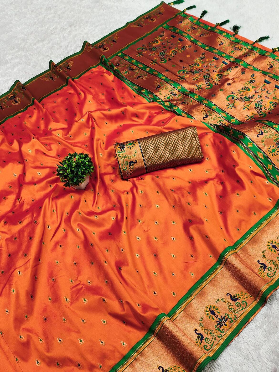 Surpassing Orange Paithani Silk Saree With Adorable Blouse Piece