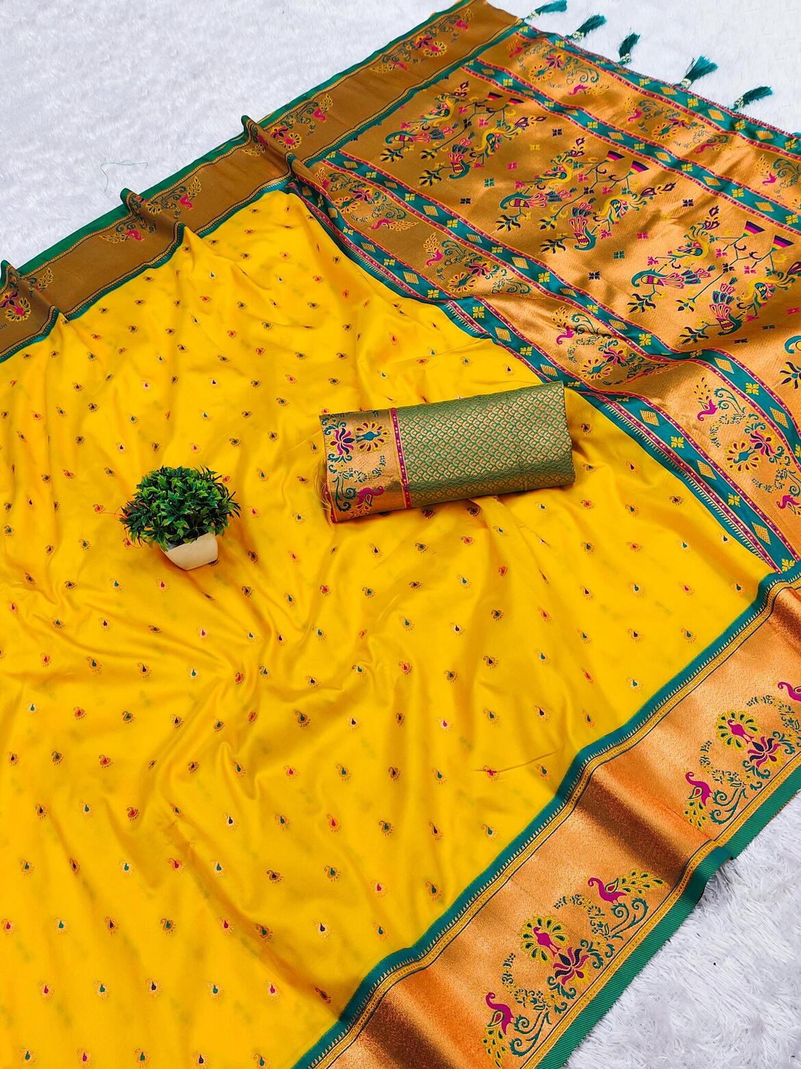 Demesne Yellow Paithani Silk Saree With Lassitude Blouse Piece