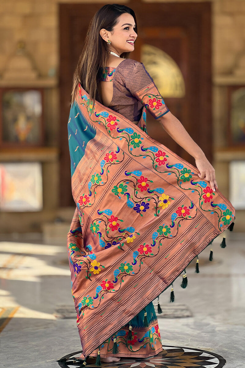 Lassitude Rama Paithani Silk Saree With Nemesis Blouse Piece