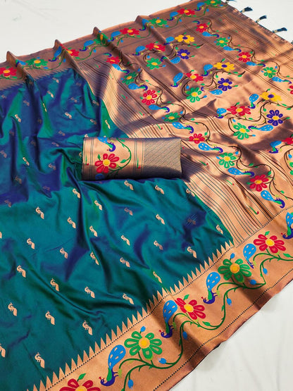 Lassitude Rama Paithani Silk Saree With Nemesis Blouse Piece