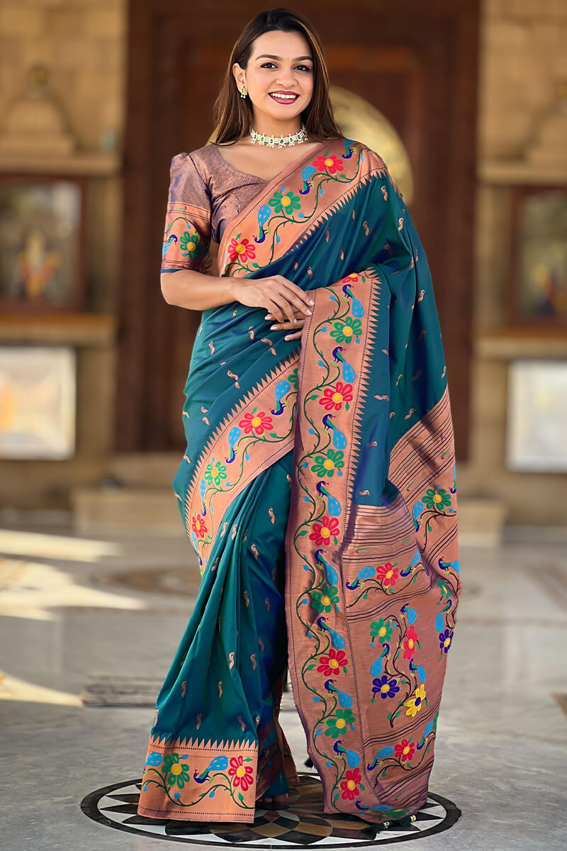 Lassitude Rama Paithani Silk Saree With Nemesis Blouse Piece