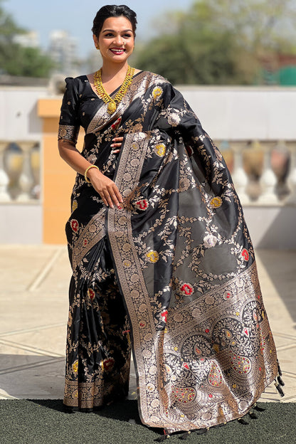 Flaunt Black Soft Banarasi Silk Saree With Outstanding Blouse Piece