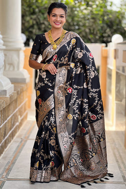Flaunt Black Soft Banarasi Silk Saree With Outstanding Blouse Piece