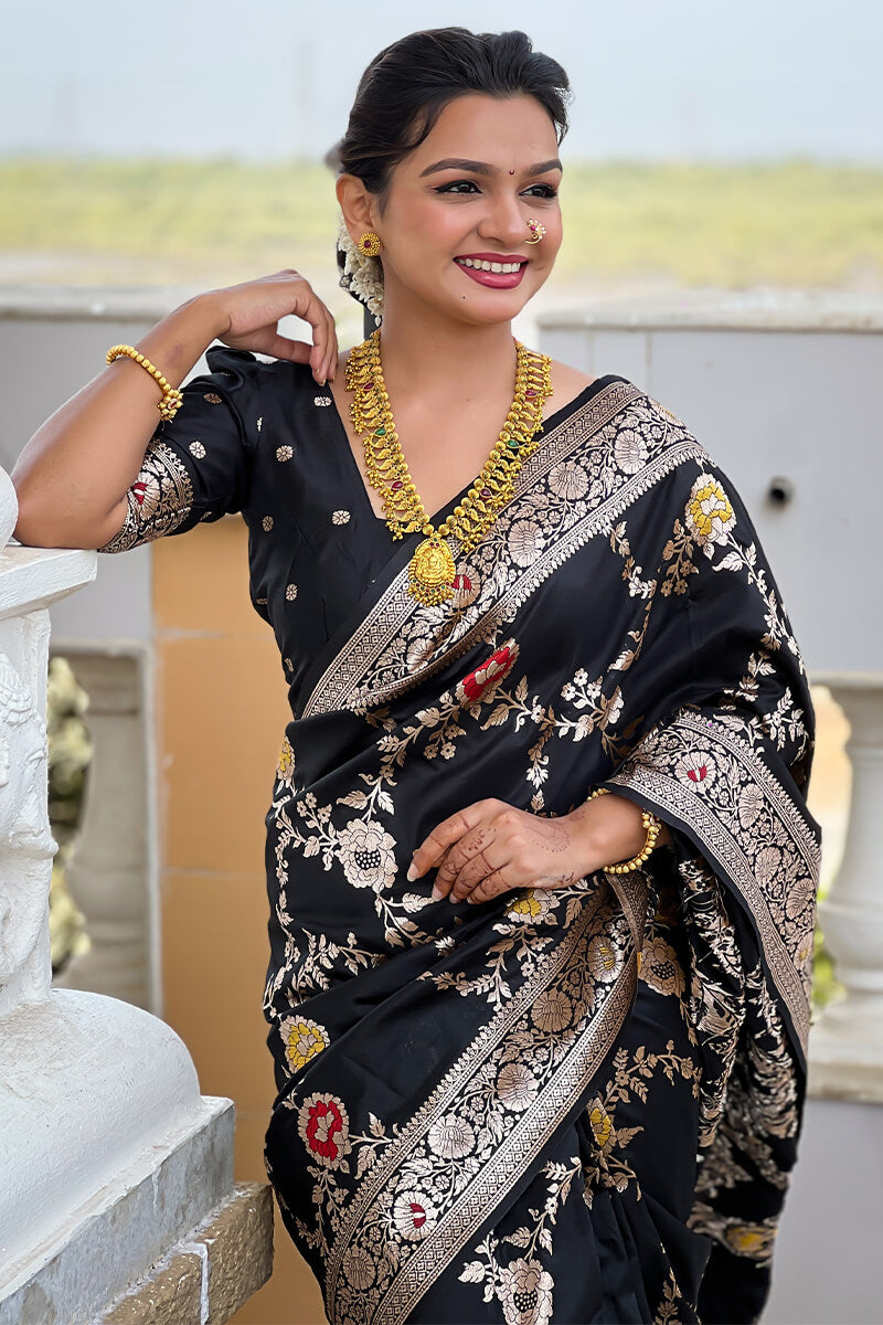 Flaunt Black Soft Banarasi Silk Saree With Outstanding Blouse Piece