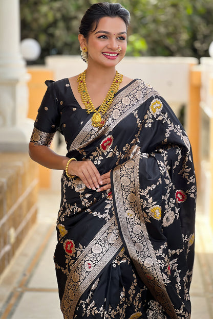 Flaunt Black Soft Banarasi Silk Saree With Outstanding Blouse Piece