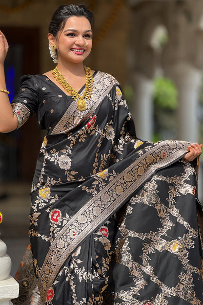 Flaunt Black Soft Banarasi Silk Saree With Outstanding Blouse Piece
