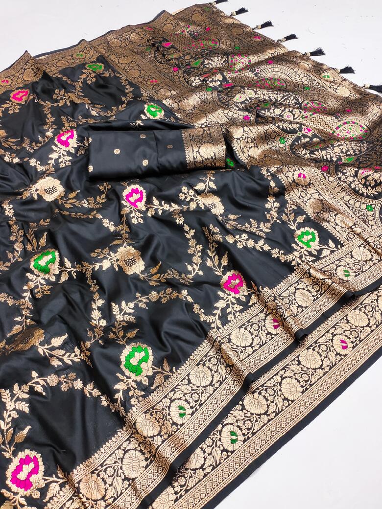 Flaunt Black Soft Banarasi Silk Saree With Outstanding Blouse Piece