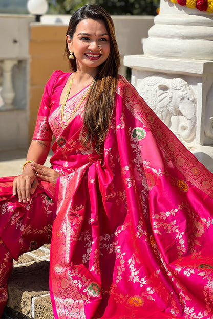 Adorable Dark Pink Soft Banarasi Silk Saree With Blissful Blouse Piece