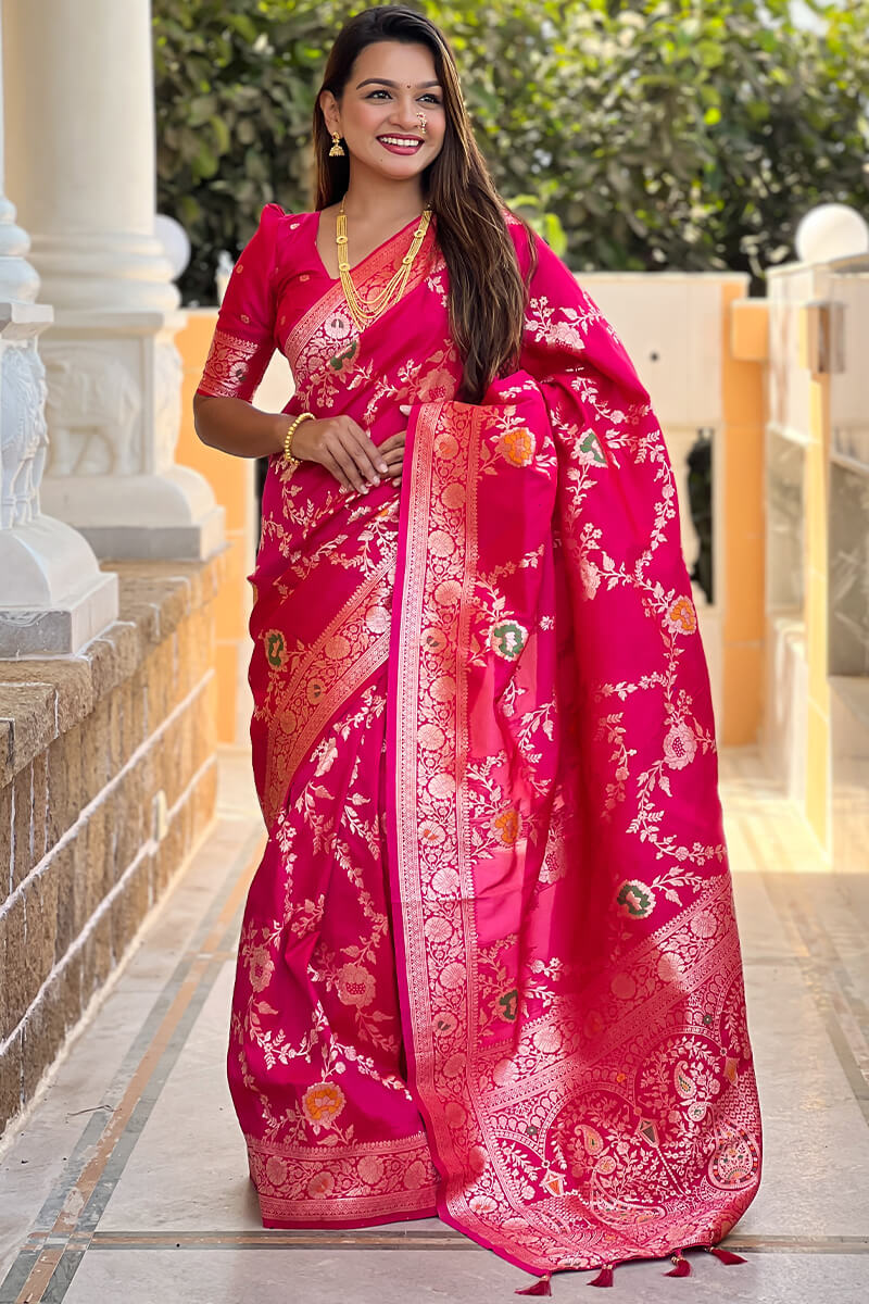 Adorable Dark Pink Soft Banarasi Silk Saree With Blissful Blouse Piece