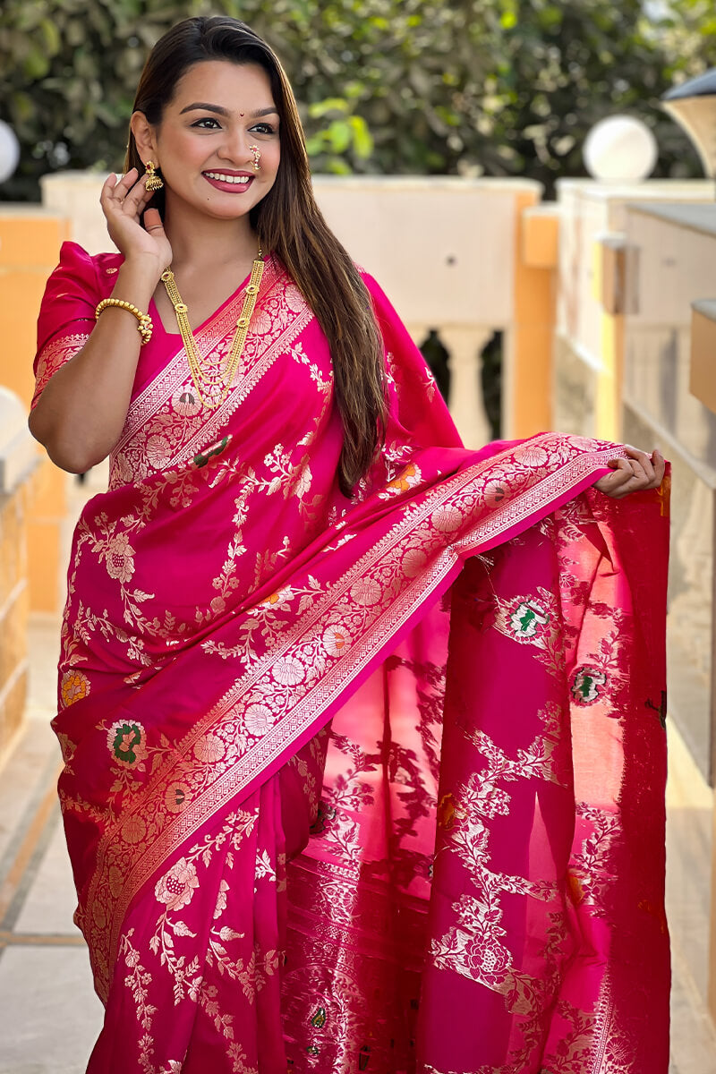 Adorable Dark Pink Soft Banarasi Silk Saree With Blissful Blouse Piece