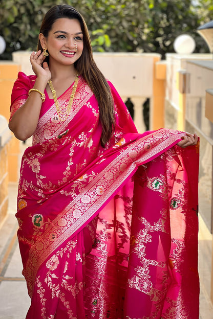 Adorable Dark Pink Soft Banarasi Silk Saree With Blissful Blouse Piece