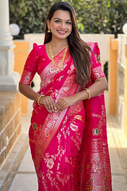 Adorable Dark Pink Soft Banarasi Silk Saree With Blissful Blouse Piece
