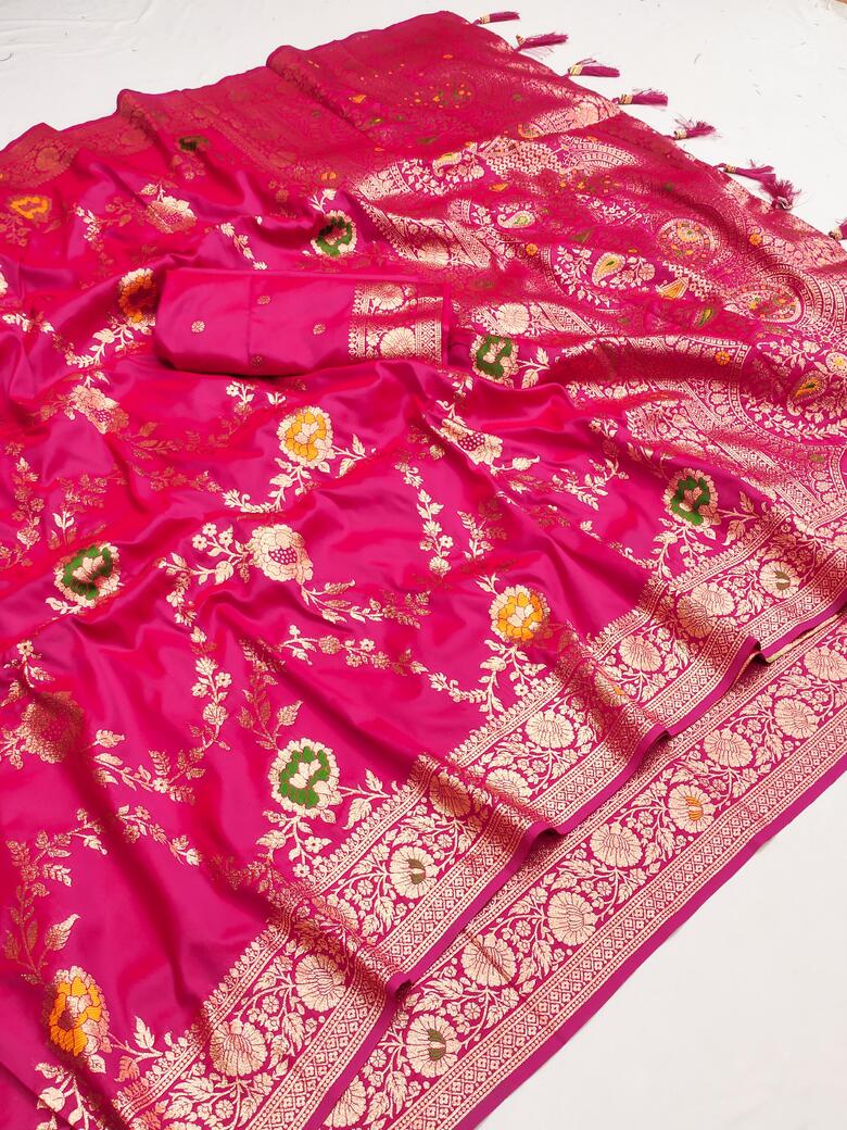 Adorable Dark Pink Soft Banarasi Silk Saree With Blissful Blouse Piece