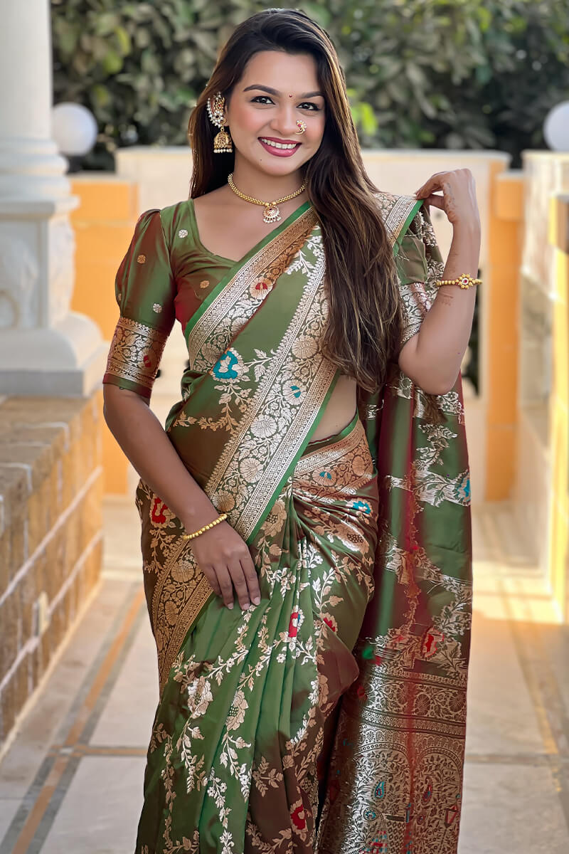 Gratifying Mehndi Soft Banarasi Silk Saree With Scrupulous Blouse Piece