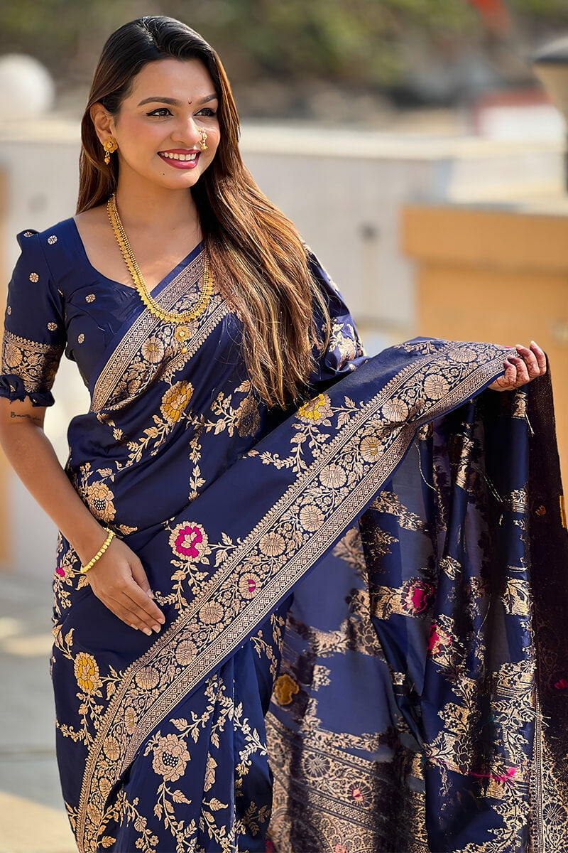 Stunner Navy Blue Soft Banarasi Silk Saree With Comely Blouse Piece