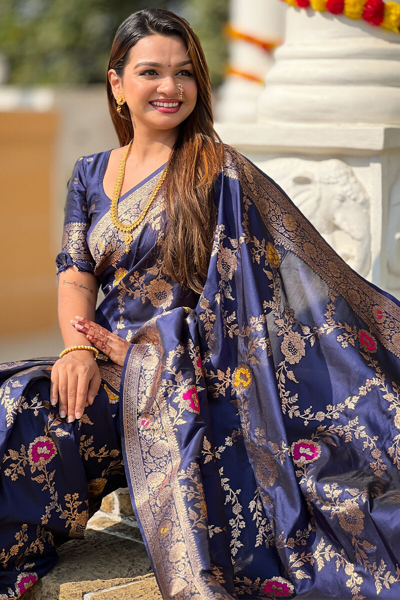 Stunner Navy Blue Soft Banarasi Silk Saree With Comely Blouse Piece